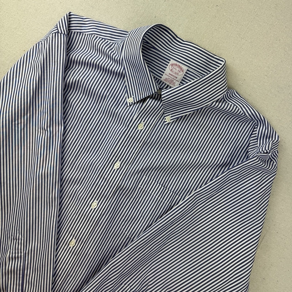Brooks Brothers Shirt Mens 17.5-34 Blue/White Madison Fit Button Up Long Sleeve